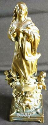 Ancien Spelter Antique Métal Madonna Virgin Mary Sculpture Statue Cherubs Angel Art