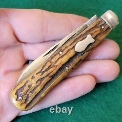 Ancien couteau de poche Washington Cut Co avec manche en os de cerf, de grande taille et de style rétro