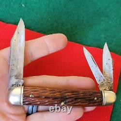 Ancien couteau de poche de menuisier Whittler en os de cerf Schrade Walden d'époque vintage