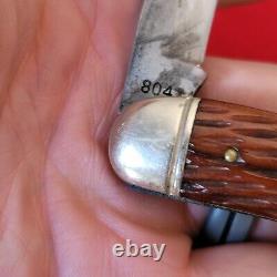 Ancien couteau de poche de menuisier Whittler en os de cerf Schrade Walden d'époque vintage
