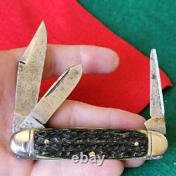 Ancien couteau de poche en os de bétail de Bridgeport, grand et lourd, d'époque et d'antiquité