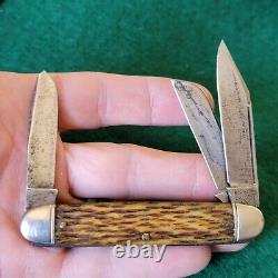 Ancien couteau de poche pliant en os de cerf Schrade Walden de collection