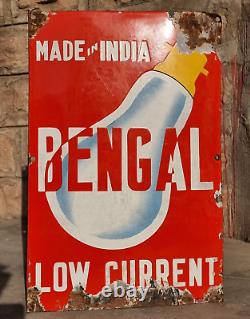 Ancienne, Antique, Rare Publicité Bengal d'Ampoule sur Panneau en Émail de Porcelaine, Objet de Collection Vintage