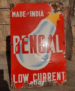 Ancienne, Antique, Rare Publicité Bengal d'Ampoule sur Panneau en Émail de Porcelaine, Objet de Collection Vintage