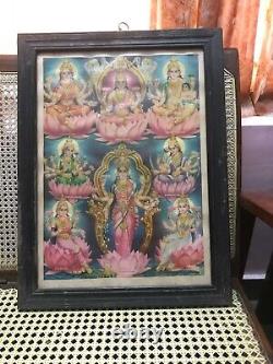 Ancienne Vieille Imprimé Hindu Déesse Religieuse Ashta Lakshmi Bois Encadré B46