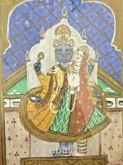 Ancienne peinture de dieu Vishnu et déesse Laxmi, cadre en bois, de style vintage et antique