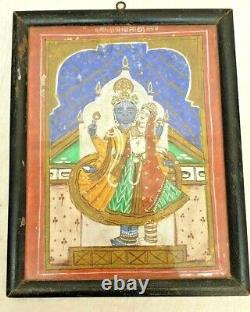 Ancienne peinture de dieu Vishnu et déesse Laxmi, cadre en bois, de style vintage et antique