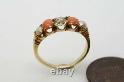 Anticique Anglais 18k Old Cut Old Diamond Coral & Pearl 5 Stone Ring C1890