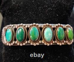 Anticique Old Vintage Native American Coin Argent Et Turquoise Row Cuff Bracelet