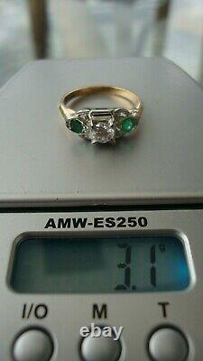 Antique 14k 18k Or Massif 0,30 Ct Si1 Vieil Anneau Diamanté Vert Émeraude 5,75