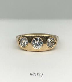 Antique 14k Yellow Gold 1.39ct Old European Cut Diamond Gypsy 3 Stone Men’s Ring