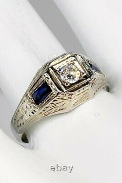 Antique 1920s 1ct Old Euro Vs H Diamond Blue Saphir 18k White Gold Mens Ring