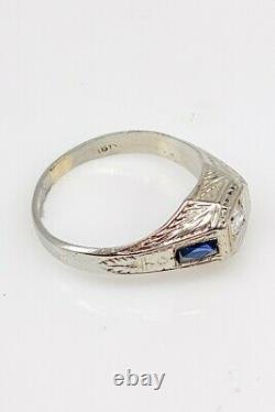 Antique 1920s 1ct Old Euro Vs H Diamond Blue Saphir 18k White Gold Mens Ring
