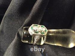 Antique 1ct Old Euro Diamond Emerald 18k White Gold Filigree Ring Taille 8