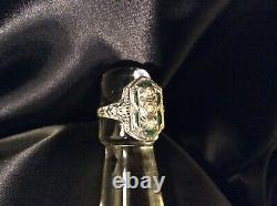 Antique 1ct Old Euro Diamond Emerald 18k White Gold Filigree Ring Taille 8