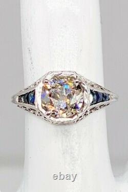 Antique Années 1920 $20,000 2ct Old Euro Diamond Blue Sapphire Platinum Filigree Ring