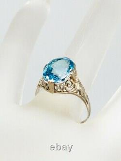 Antique Années 1920 $3000 5ct Natural Old Cut Blue Zircon 14k White Gold Filigree Ring
