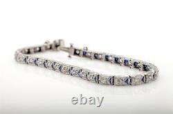 Antique Années 1920 5ct Old Euro Vs G Diamond Trillion Blue Sapphire Platinum Bracelet