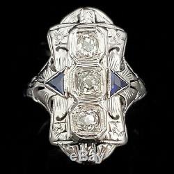 Antique Diamant Bouclier Anneau Ancienne Mine D'or Cut 18k Sapphire Grand Art Déco Des Années 1920