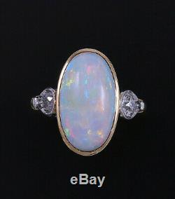 Antique Edwardian Opal Old European Coupe Diamant Bague En Or 14k Platine Immobilier