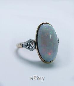 Antique Edwardian Opal Old European Coupe Diamant Bague En Or 14k Platine Immobilier