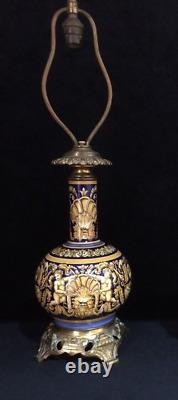 Antique Gien Faiences Putti Motif Paire De Lampes En Terre Cuite Bronze Rare Vieux 19ème