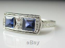 Antique Sapphire Diamond Ring Art Deco Platinum Domaine Vintage Retro Old Europea