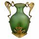 Antique Verre Vert Bronze Art Nouveau Vase Cadre Poignée D'or Rare Vieux 19ème