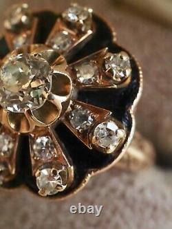Antique Victorien / Edwardian Vieille Mine Coupée Diamant Et Anneau En Émanel Noir 1.00ct