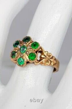 Antique Victorienne Des Années 1870 2ct Old Euro Emerald Pearl 14k Yellow Gold Halo Ring