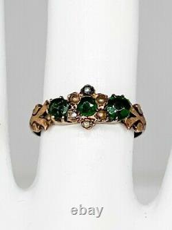 Antique Victorienne Des Années 1880 1ct Old Euro Natural Emerald Pearl 14k Yellow Gold Ring