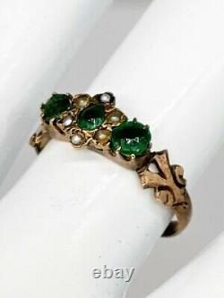 Antique Victorienne Des Années 1880 1ct Old Euro Natural Emerald Pearl 14k Yellow Gold Ring