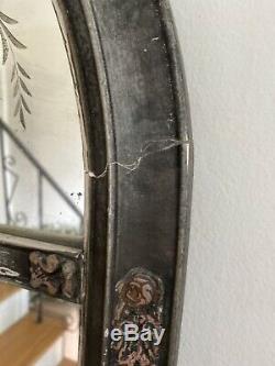 Antique Vintage Old Cut Gravé En Verre Miroir Cadre En Bois Gravé 30 X 15 Trumeau