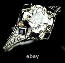 Art Déco Gia Vieille Mine Taillée Diamant 18k Bague En Or Blanc Fiançailles Antique Vintage
