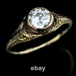 Art Deco Old European Cut Diamond 14k Yellow Gold Ring Fiançailles Vintage