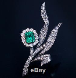 Belle Epoque Antique Russe Emeraude Old Cut Diamant Fleur D'or Broche