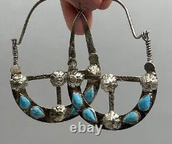 Boucles d'oreilles en argent massif vintage antique avec pierre de turquoise afghane