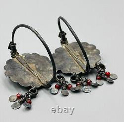 Boucles d'oreilles vintage antiques en argent massif avec incrustation de pierres