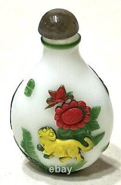 Bouteille à tabac à priser ancienne en porcelaine chinoise décorée d'oiseaux et de fleurs vintage