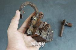 Cadenas ancien antique en fer vintage en laiton - Verrou à puzzle indien avec 4 clés