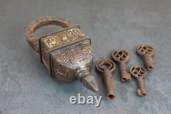 Cadenas ancien antique en fer vintage en laiton - Verrou à puzzle indien avec 4 clés