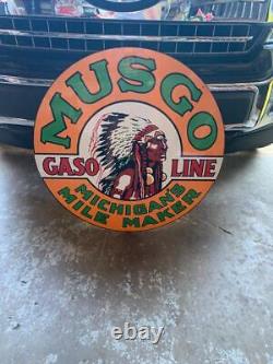 Enseigne de style ancien vintage Musgo Gasoline 30 ronde fabriquée aux États-Unis