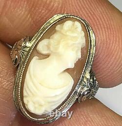 Filigree Cameo Ring Antique Vieille Main Vintage Sculptée Cameo 14k Or Blanc B064