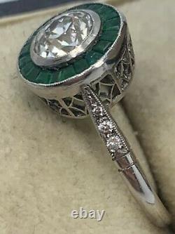 Gorgeous Vintage Art Déco Platium Old Mind Cut Diamond &emerald Bague De Fiançailles