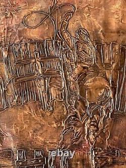 Great Antique Cowboy Abstract Copper Wall Sculpture Vieux Vieux Chevaux De L'ouest