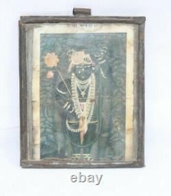 Old Vintage Litho Imprimer Hindu Dieu Krishna Shrinathji Photo Inde Tin Framed