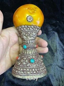 Ornement en argent de la tribu turkmène, ancien, vintage, antique avec ambre