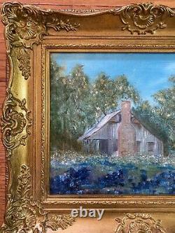 Peinture À L’huile Vintage-bluebonnet Paysage-antique Old Home-ornate Frame