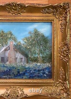 Peinture À L’huile Vintage-bluebonnet Paysage-antique Old Home-ornate Frame