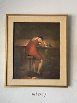 Peinture à l'huile d'une femme figurative atmosphérique d'époque, ancienne et moderne, de 1965.